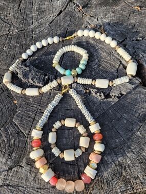 Handcrafted Off White and Coral Beaded Women’s Necklace and Bracelet Sets